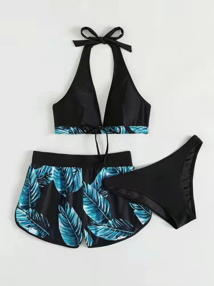 3pcs Leaf Print Bikini With Shorts Fashion Summer Beach Swimsuit Women's Clothing - BestSalesPrice