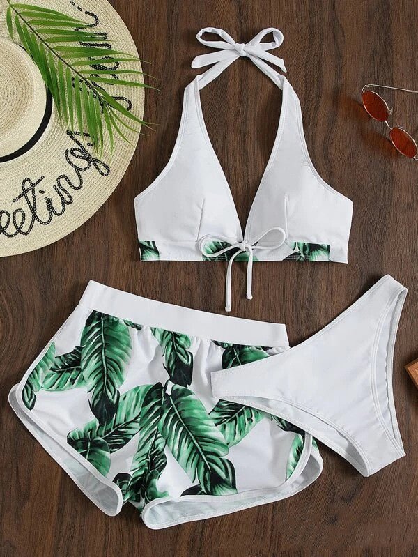 3pcs Leaf Print Bikini With Shorts Fashion Summer Beach Swimsuit Women's Clothing - BestSalesPrice