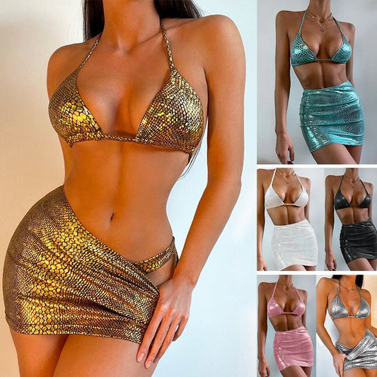 Women's 3 Piece Bathing Suits Halter Snake Pattern Bikini Set With Cover Up Skirt Summer Swimsuit - BestSalesPrice