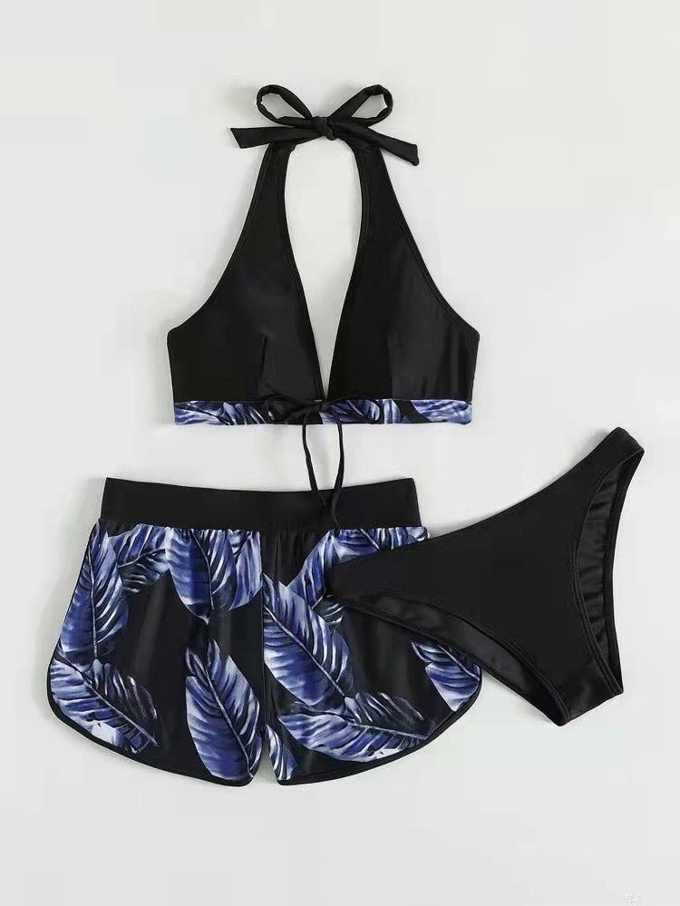 3pcs Leaf Print Bikini With Shorts Fashion Summer Beach Swimsuit Women's Clothing - BestSalesPrice