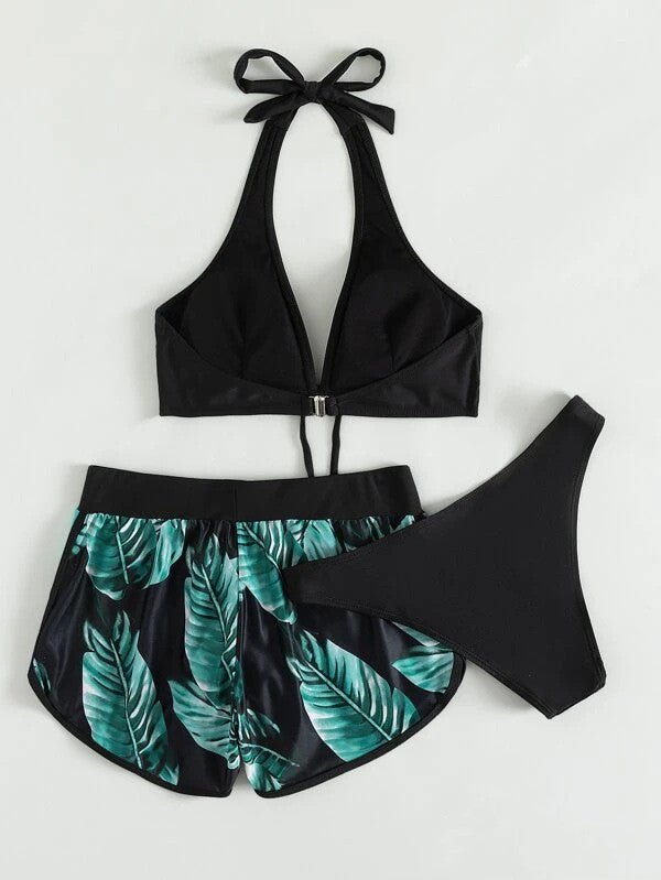 3pcs Leaf Print Bikini With Shorts Fashion Summer Beach Swimsuit Women's Clothing - BestSalesPrice