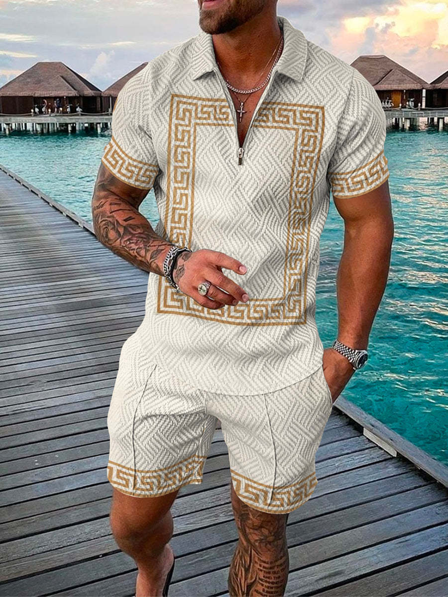 Men's Summer Fashion 3D Printed Short Sleeve Geometric Zip Lapel Shirt Set - BestSalesPrice