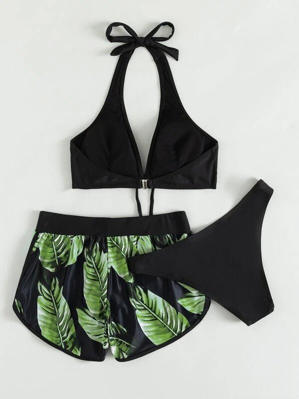 3pcs Leaf Print Bikini With Shorts Fashion Summer Beach Swimsuit Women's Clothing - BestSalesPrice