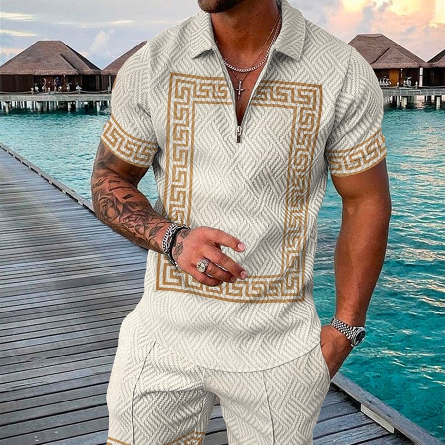 Men's Summer Fashion 3D Printed Short Sleeve Geometric Zip Lapel Shirt Set - BestSalesPrice