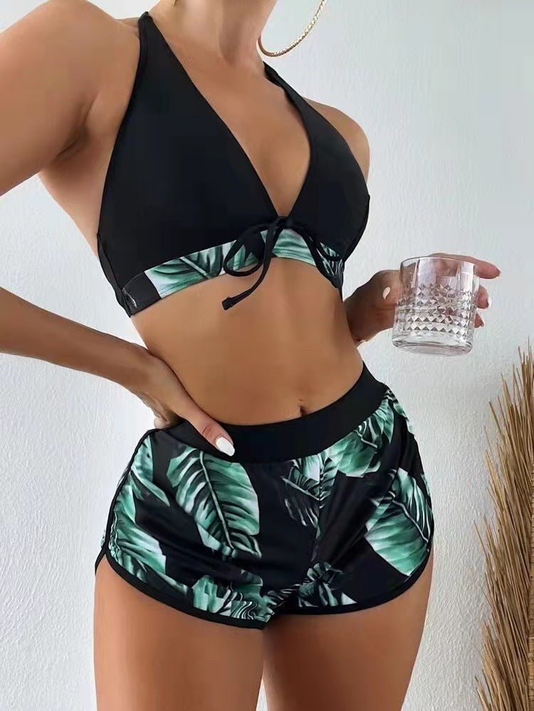 3pcs Leaf Print Bikini With Shorts Fashion Summer Beach Swimsuit Women's Clothing - BestSalesPrice