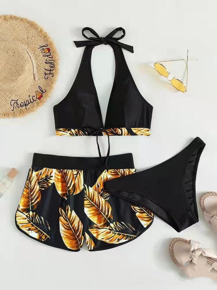 3pcs Leaf Print Bikini With Shorts Fashion Summer Beach Swimsuit Women's Clothing - BestSalesPrice