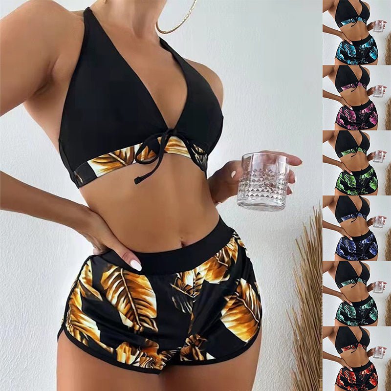 3pcs Leaf Print Bikini With Shorts Fashion Summer Beach Swimsuit Women's Clothing - BestSalesPrice